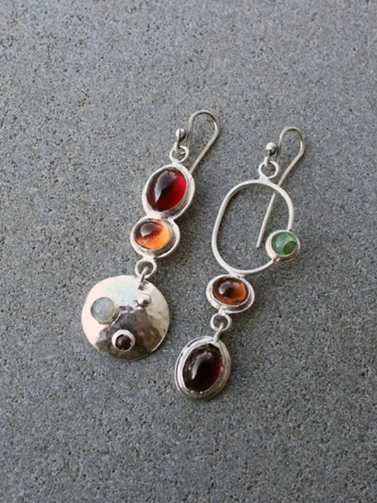 Women's Vintage Geometric Asymmetrical Pierced Earrings, Handmade Colorful Gemstone Dangle Earrings, Unique Creative Trendy Jewelry Gift for Women, Unique Design Earrings