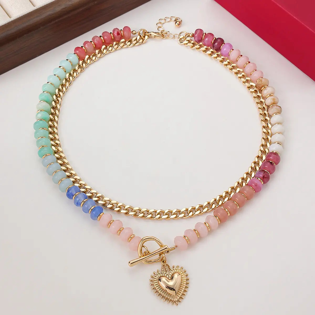 Women's dopamine double-layer colored bead heart-shaped necklace, adjustable layered collarbone chain, women's fashionable jewelry necklace