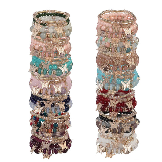 Women's 8-24pcs Multi-Layer Glass Beaded Stacking Bracelet Gift Sets - 4-Color Bead Mix, Butterfly Stars Decor, Metallic Shine, Cute Whimsical Accessories, Boho Chic Bracelets & Bangles, Casual Daily Wear, Ideal Anniversary Jewelry