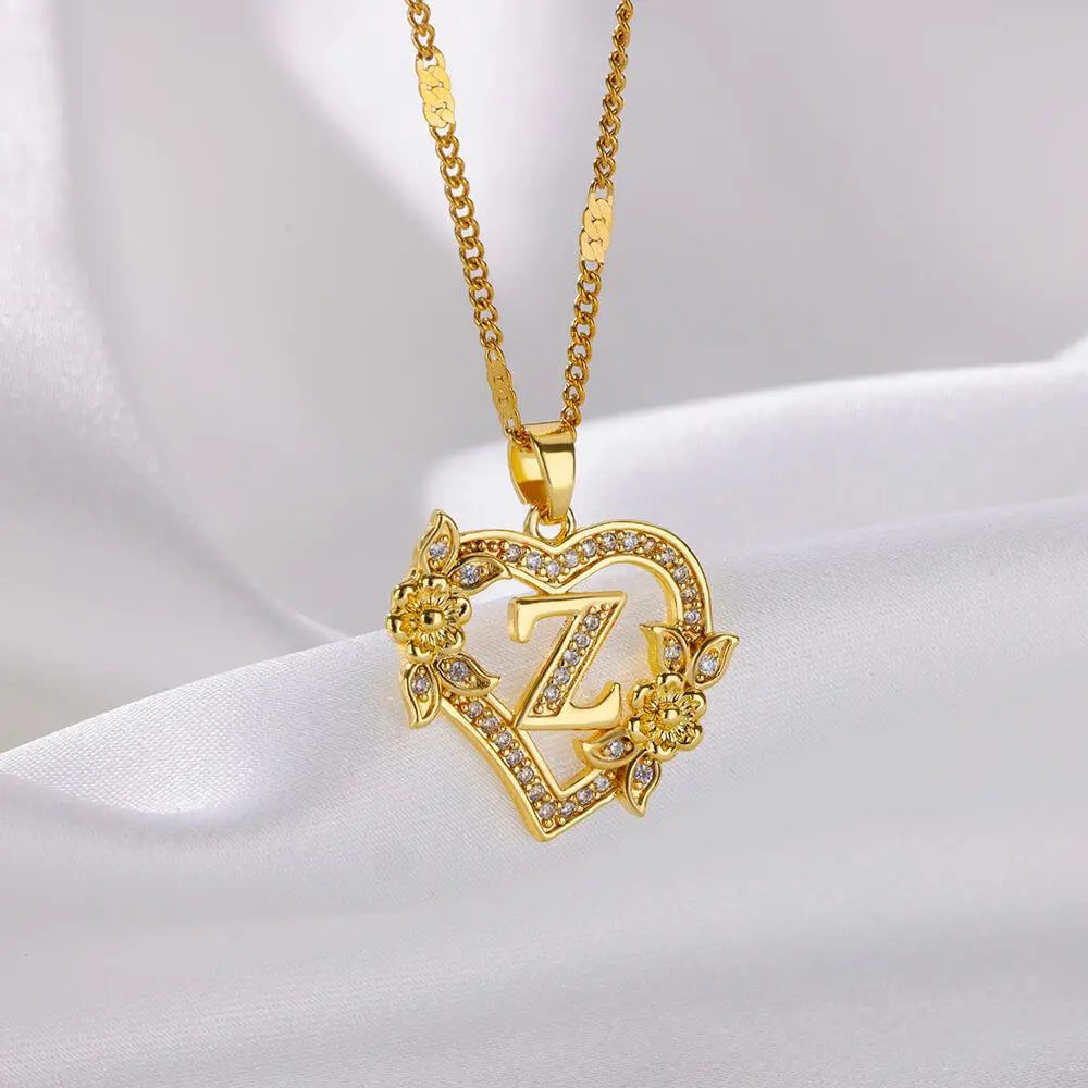 New Fashion Letter Detail Heart Shaped Pendant Necklace, Love Necklace for Women for Summer, Rhinestone & Flower Decor Stainless Steel Matching Necklace Jewelry, Girl's Temperament Cloths Accessory for Daily Wear