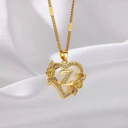 New Fashion Letter Detail Heart Shaped Pendant Necklace, Love Necklace for Women for Summer, Rhinestone & Flower Decor Stainless Steel Matching Necklace Jewelry, Girl's Temperament Cloths Accessory for Daily Wear