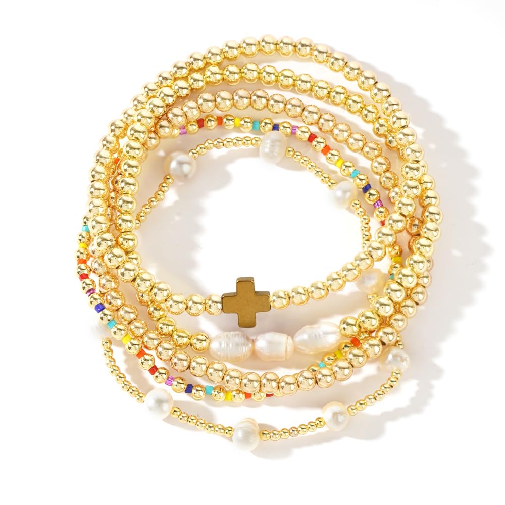14K Gold Plated Pearl Beaded Cross Bracelets Stack Set for Women,Stretch Boho Colorful Christian Beads Ball Jewelry Friendship Summer Trendy Gift