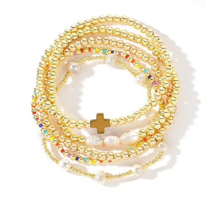 14K Gold Plated Pearl Beaded Cross Bracelets Stack Set for Women,Stretch Boho Colorful Christian Beads Ball Jewelry Friendship Summer Trendy Gift