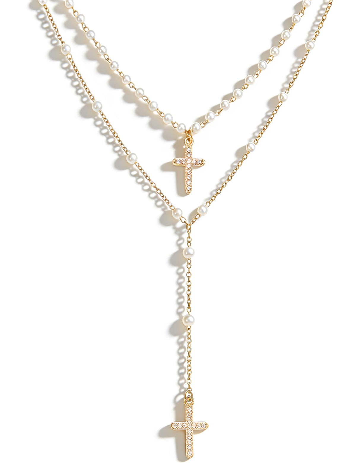 4PCS Layered Gold Cross Necklaces for Women Trendy, Bohemian Bead Pearl Y Long Pendant Necklace Set, Vintage Rosary Necklace Stack Adjustable Length