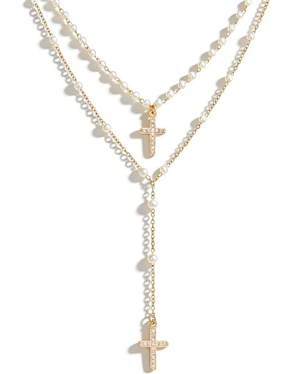 4PCS Layered Gold Cross Necklaces for Women Trendy, Bohemian Bead Pearl Y Long Pendant Necklace Set, Vintage Rosary Necklace Stack Adjustable Length