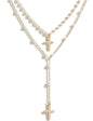 4PCS Layered Gold Cross Necklaces for Women Trendy, Bohemian Bead Pearl Y Long Pendant Necklace Set, Vintage Rosary Necklace Stack Adjustable Length