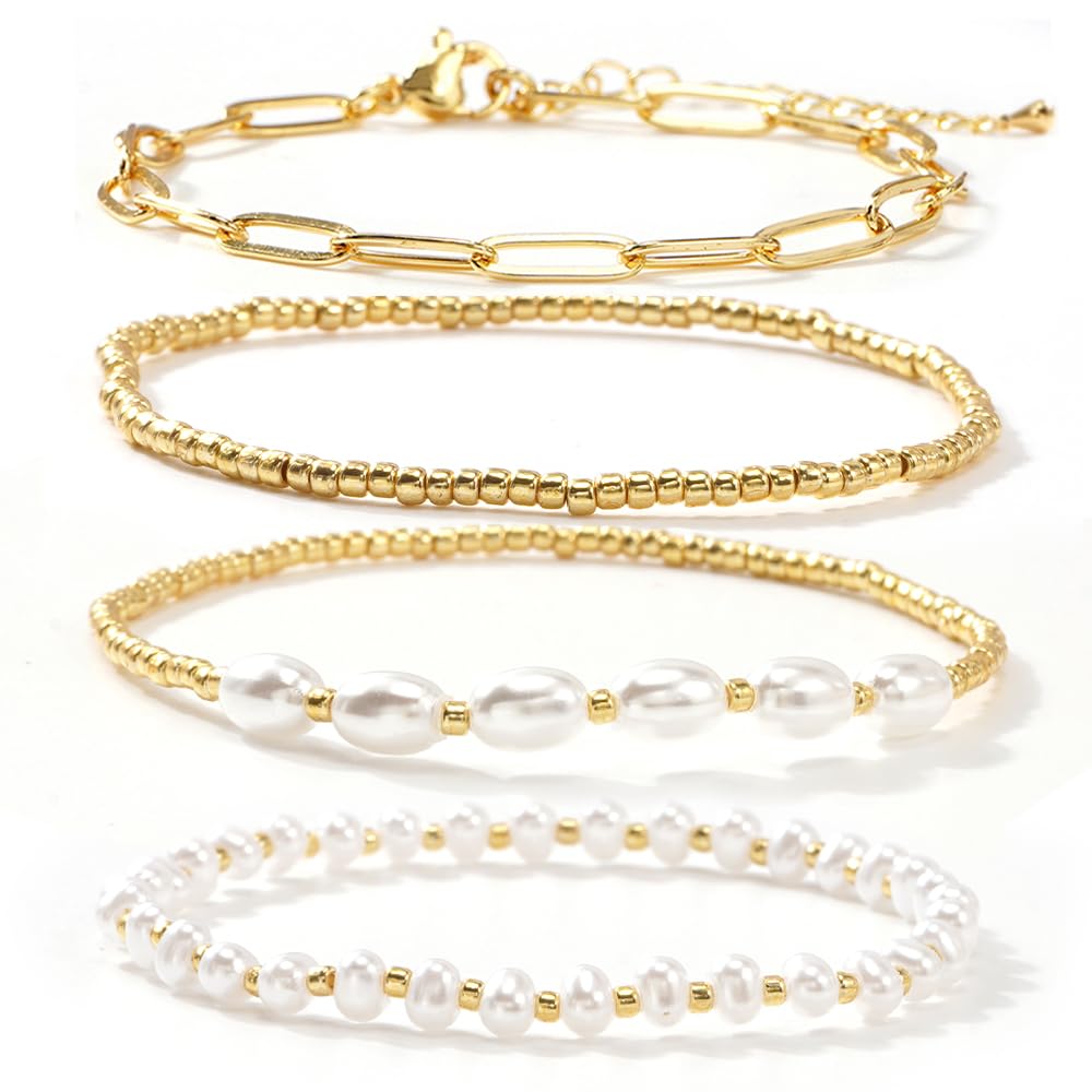 14K Gold Plated Pearl Beaded Cross Bracelets Stack Set for Women,Stretch Boho Colorful Christian Beads Ball Jewelry Friendship Summer Trendy Gift