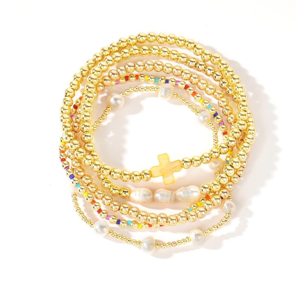 14K Gold Plated Pearl Beaded Cross Bracelets Stack Set for Women,Stretch Boho Colorful Christian Beads Ball Jewelry Friendship Summer Trendy Gift