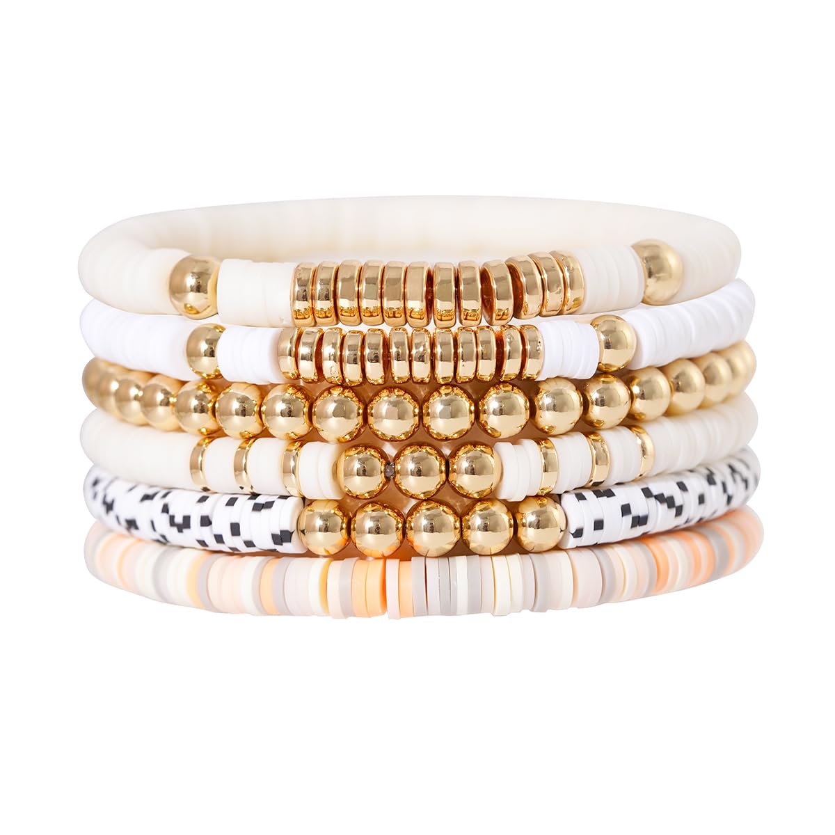 GOOJIDS Surfer Heishi Clay Bead Bracelets for Women Bohemian Stackable Gold Plated Beaded Stretch Bracelets Elastic Layering Friendship Bracelets Set Boho Jewelry