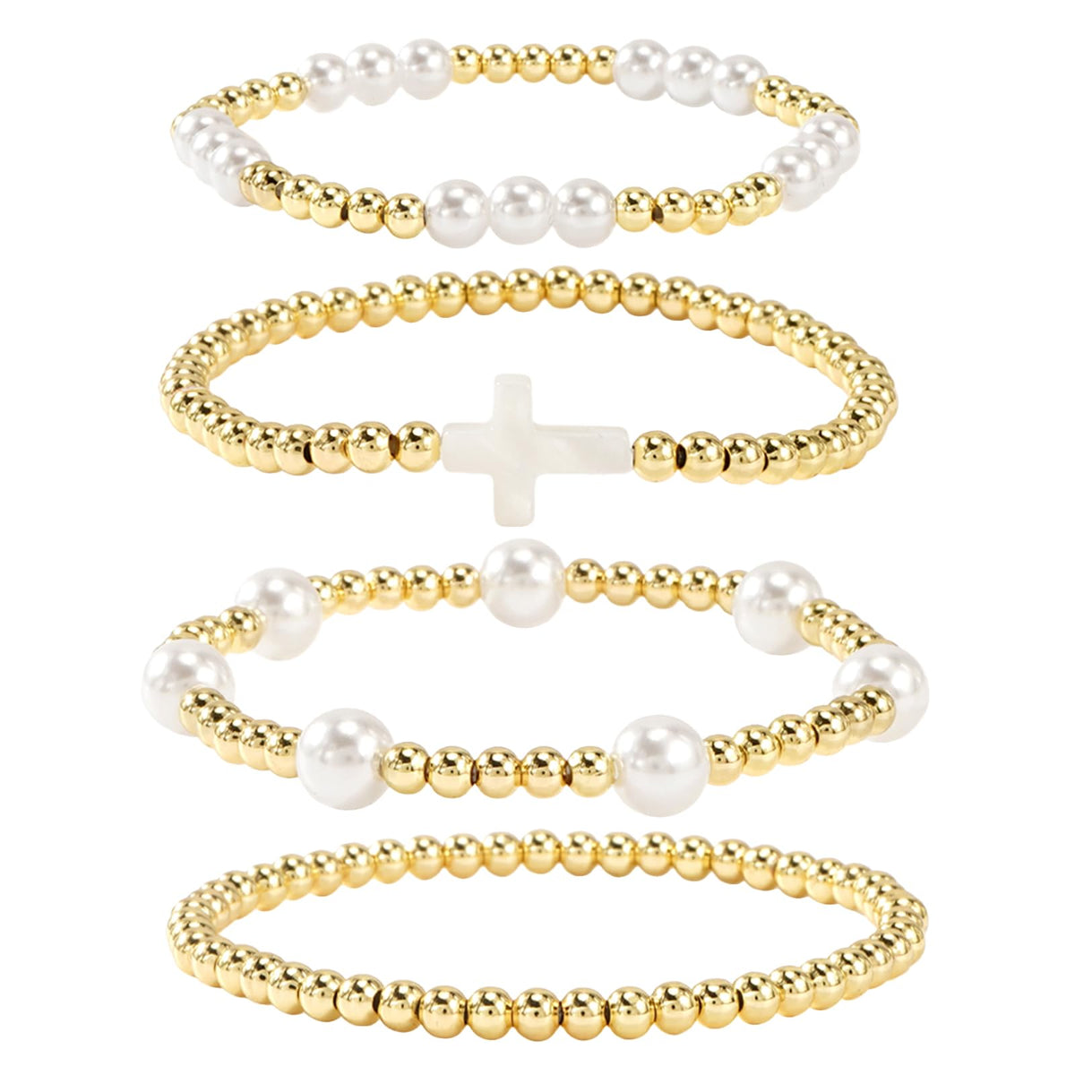 14K Gold Plated Pearl Beaded Cross Bracelets Stack Set for Women,Stretch Boho Colorful Christian Beads Ball Jewelry Friendship Summer Trendy Gift