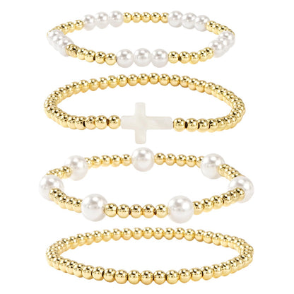 14K Gold Plated Pearl Beaded Cross Bracelets Stack Set for Women,Stretch Boho Colorful Christian Beads Ball Jewelry Friendship Summer Trendy Gift