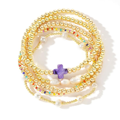 14K Gold Plated Pearl Beaded Cross Bracelets Stack Set for Women,Stretch Boho Colorful Christian Beads Ball Jewelry Friendship Summer Trendy Gift