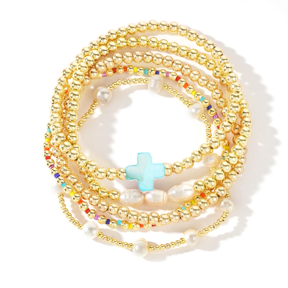 14K Gold Plated Pearl Beaded Cross Bracelets Stack Set for Women,Stretch Boho Colorful Christian Beads Ball Jewelry Friendship Summer Trendy Gift
