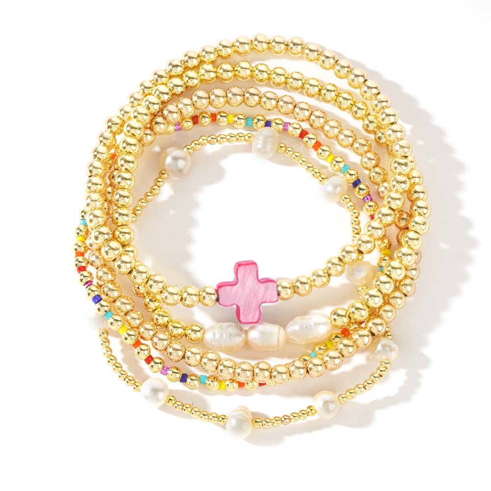 14K Gold Plated Pearl Beaded Cross Bracelets Stack Set for Women,Stretch Boho Colorful Christian Beads Ball Jewelry Friendship Summer Trendy Gift