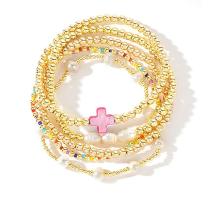14K Gold Plated Pearl Beaded Cross Bracelets Stack Set for Women,Stretch Boho Colorful Christian Beads Ball Jewelry Friendship Summer Trendy Gift