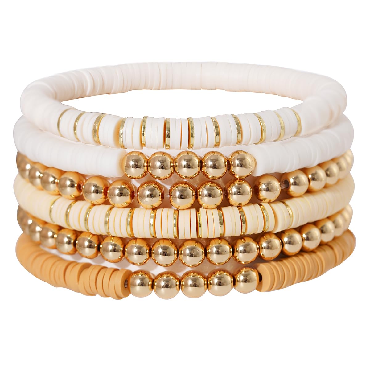 GOOJIDS Surfer Heishi Clay Bead Bracelets for Women Bohemian Stackable Gold Plated Beaded Stretch Bracelets Elastic Layering Friendship Bracelets Set Boho Jewelry