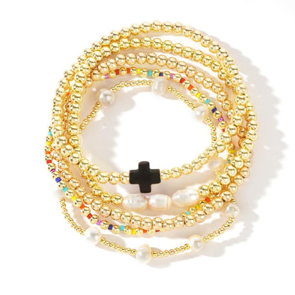14K Gold Plated Pearl Beaded Cross Bracelets Stack Set for Women,Stretch Boho Colorful Christian Beads Ball Jewelry Friendship Summer Trendy Gift