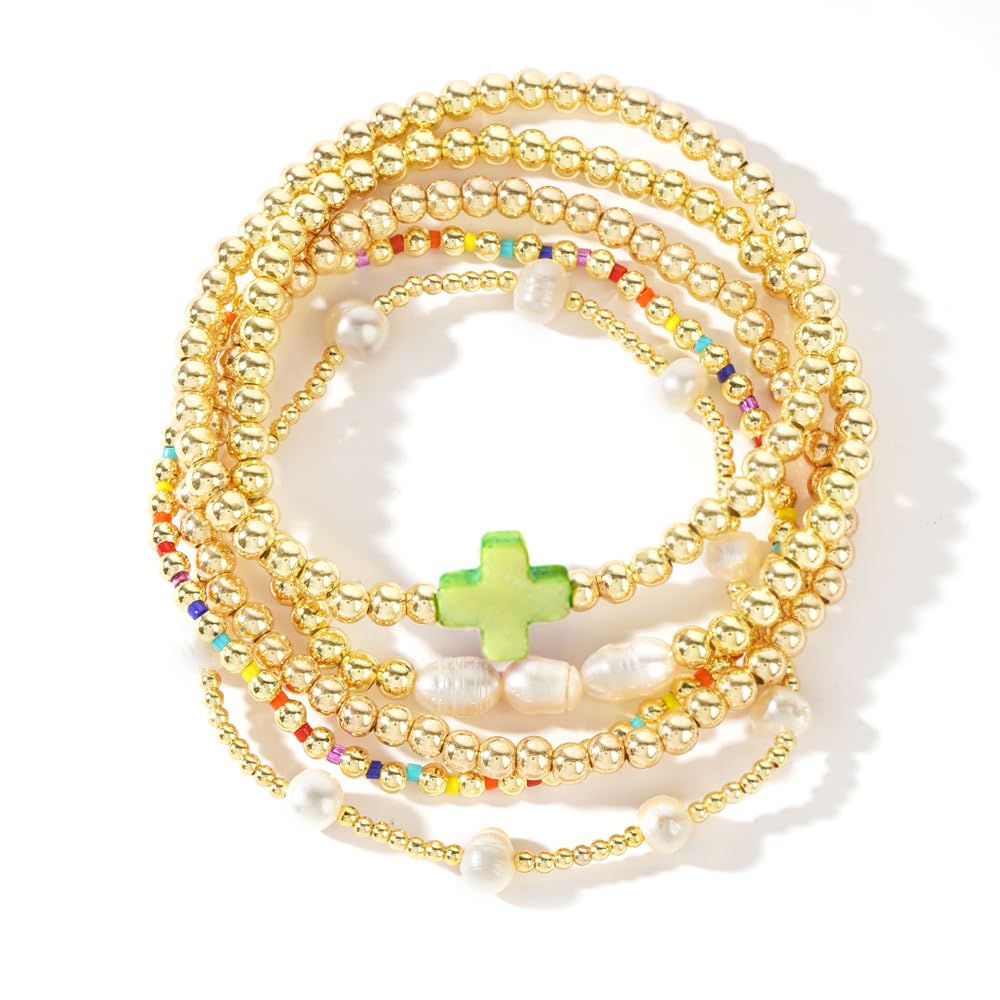 14K Gold Plated Pearl Beaded Cross Bracelets Stack Set for Women,Stretch Boho Colorful Christian Beads Ball Jewelry Friendship Summer Trendy Gift