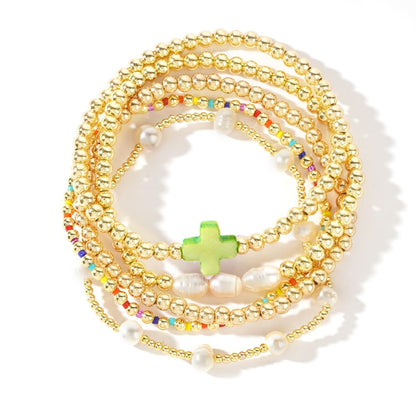 14K Gold Plated Pearl Beaded Cross Bracelets Stack Set for Women,Stretch Boho Colorful Christian Beads Ball Jewelry Friendship Summer Trendy Gift
