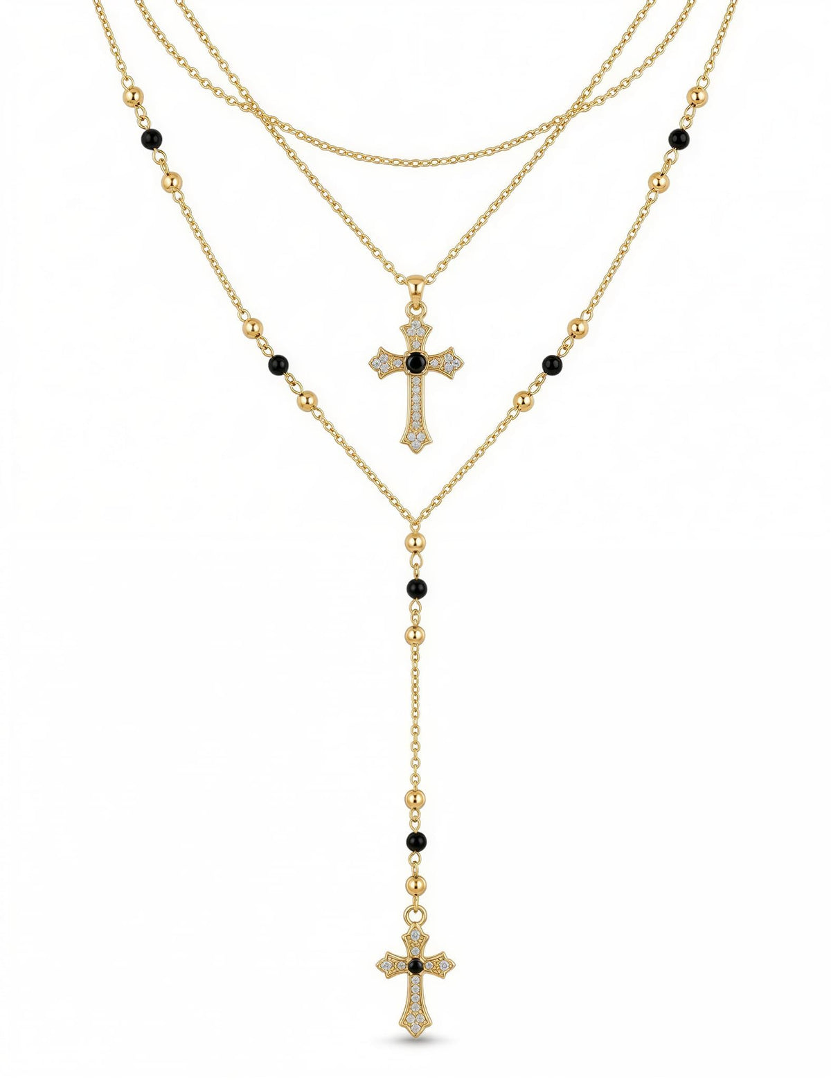 4PCS Layered Gold Cross Necklaces for Women Trendy, Bohemian Bead Pearl Y Long Pendant Necklace Set, Vintage Rosary Necklace Stack Adjustable Length
