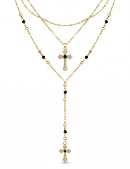 4PCS Layered Gold Cross Necklaces for Women Trendy, Bohemian Bead Pearl Y Long Pendant Necklace Set, Vintage Rosary Necklace Stack Adjustable Length