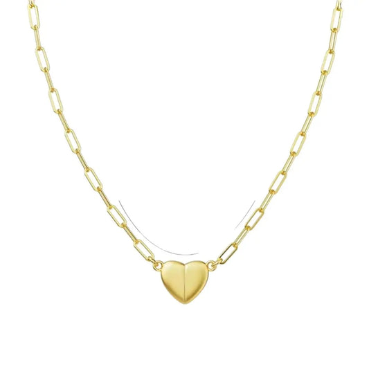 Gold Heart Necklace for Women 3D Puffy Love Pendant Stainless Steel Paperclip Link Chain Minimalist Layering Aesthetic Trendy Jewelry Gift