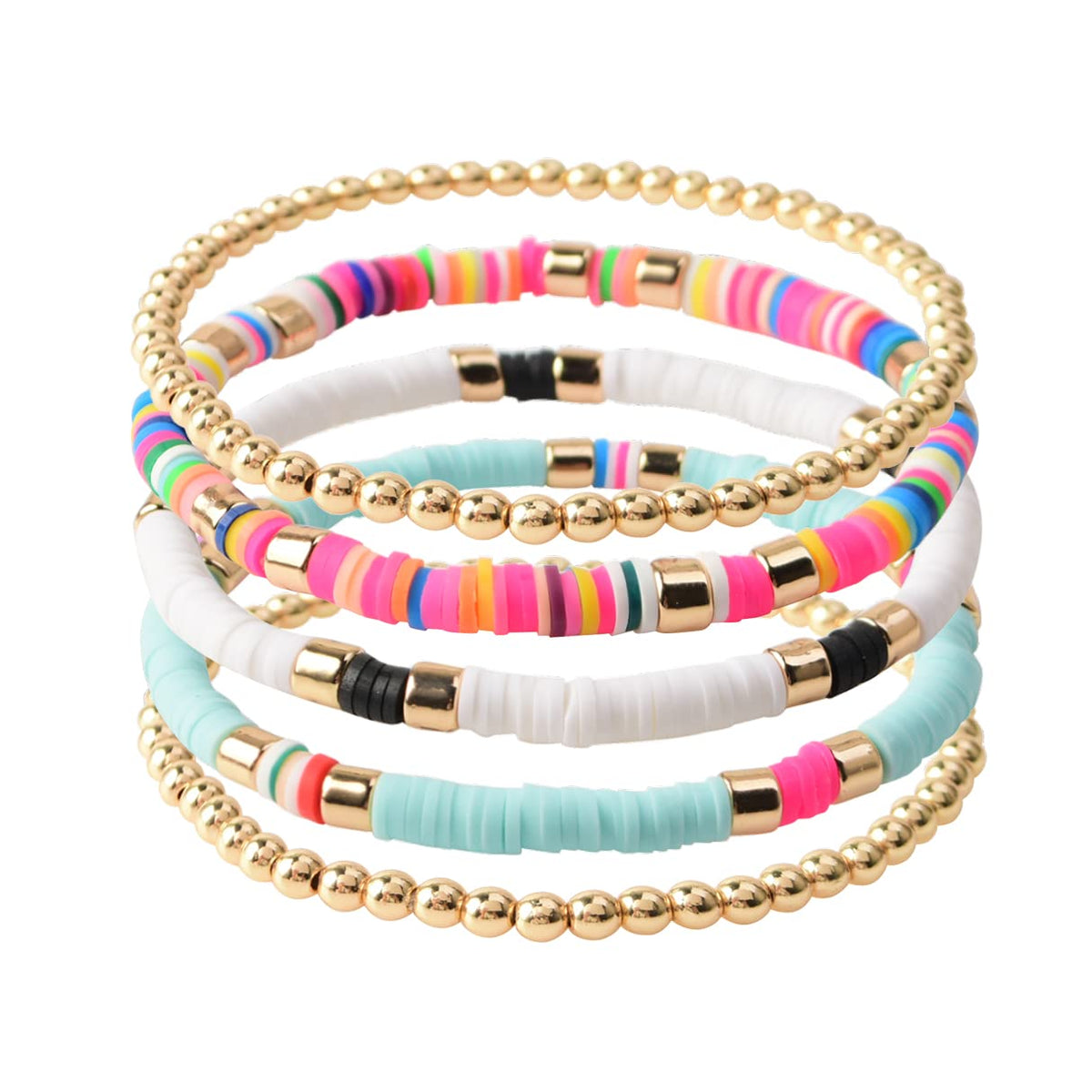 GOOJIDS Surfer Heishi Clay Bead Bracelets for Women Bohemian Stackable Gold Plated Beaded Stretch Bracelets Elastic Layering Friendship Bracelets Set Boho Jewelry