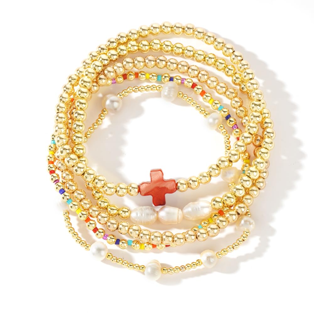 14K Gold Plated Pearl Beaded Cross Bracelets Stack Set for Women,Stretch Boho Colorful Christian Beads Ball Jewelry Friendship Summer Trendy Gift