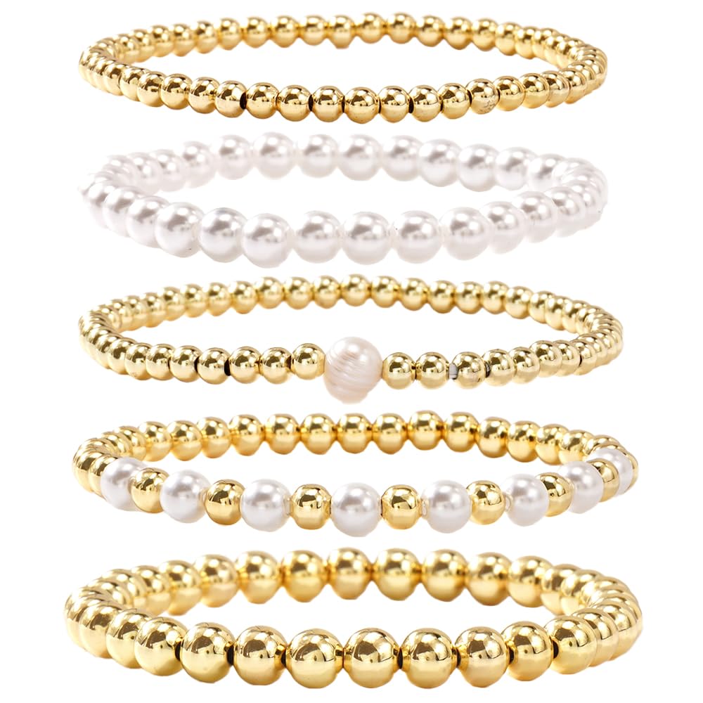 14K Gold Plated Pearl Beaded Cross Bracelets Stack Set for Women,Stretch Boho Colorful Christian Beads Ball Jewelry Friendship Summer Trendy Gift