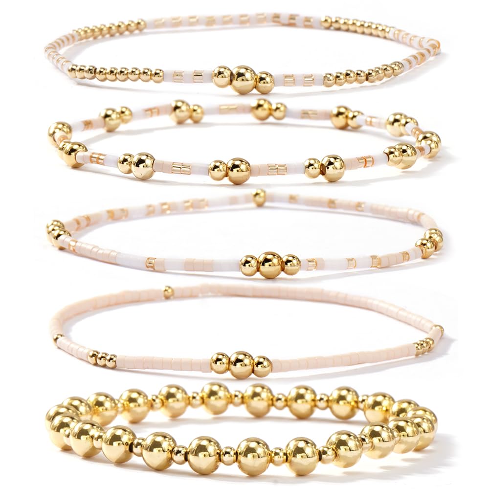 14K Gold Plated Pearl Beaded Cross Bracelets Stack Set for Women,Stretch Boho Colorful Christian Beads Ball Jewelry Friendship Summer Trendy Gift