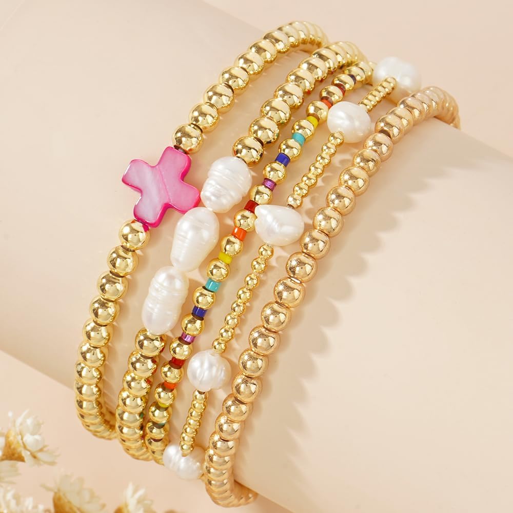 14K Gold Plated Pearl Beaded Cross Bracelets Stack Set for Women,Stretch Boho Colorful Christian Beads Ball Jewelry Friendship Summer Trendy Gift