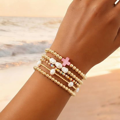 14K Gold Plated Pearl Beaded Cross Bracelets Stack Set for Women,Stretch Boho Colorful Christian Beads Ball Jewelry Friendship Summer Trendy Gift
