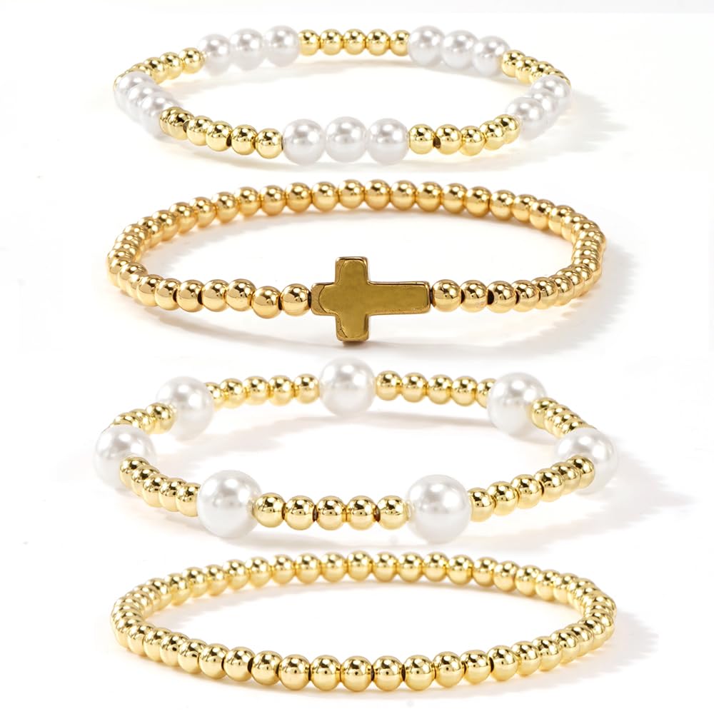 14K Gold Plated Pearl Beaded Cross Bracelets Stack Set for Women,Stretch Boho Colorful Christian Beads Ball Jewelry Friendship Summer Trendy Gift