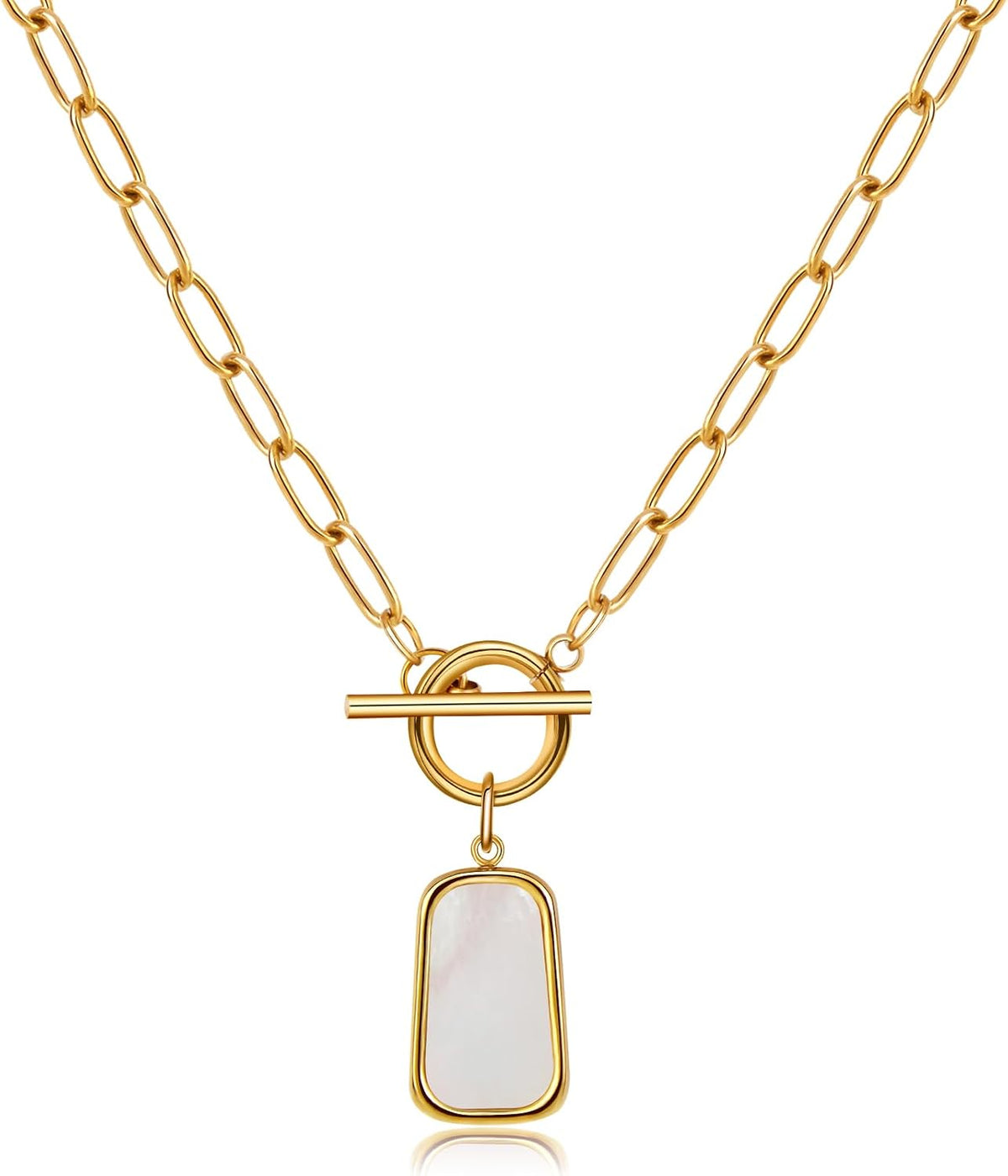 18K Gold Necklace for Women Trendy White Natural Shells Toggle Clasp