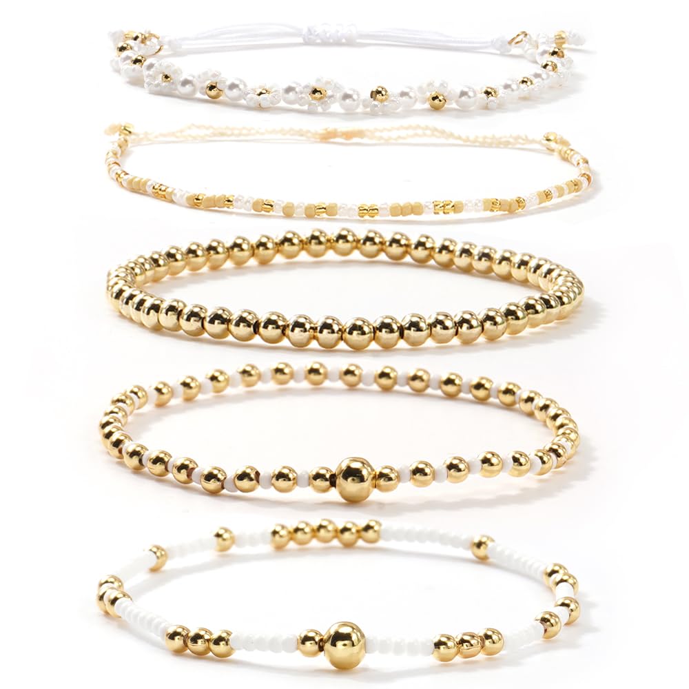 14K Gold Plated Pearl Beaded Cross Bracelets Stack Set for Women,Stretch Boho Colorful Christian Beads Ball Jewelry Friendship Summer Trendy Gift