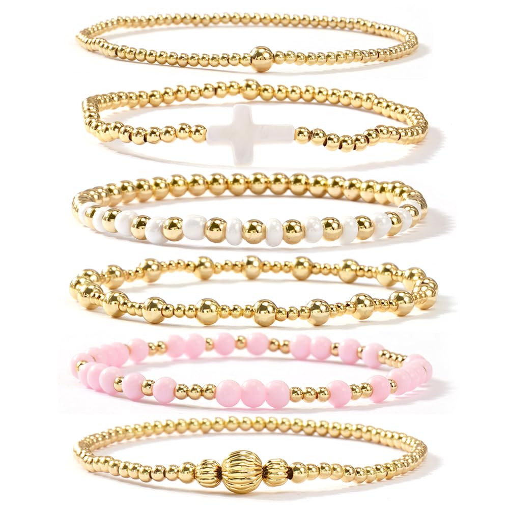 14K Gold Plated Pearl Beaded Cross Bracelets Stack Set for Women,Stretch Boho Colorful Christian Beads Ball Jewelry Friendship Summer Trendy Gift