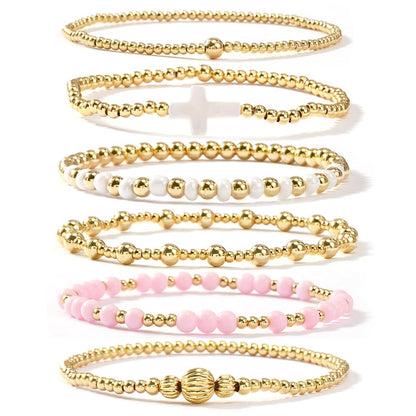 14K Gold Plated Pearl Beaded Cross Bracelets Stack Set for Women,Stretch Boho Colorful Christian Beads Ball Jewelry Friendship Summer Trendy Gift