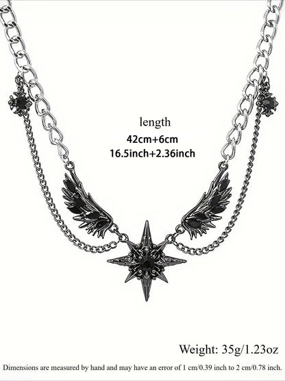 Hiphop Trendy Dark Style Starburst Wings Design Necklace, Punk Personalized Unisex Party Hiphop Necklace, Men Women Fashion Jewelry, Star Shine Necklace, Bling Chain, Alloy Necklace