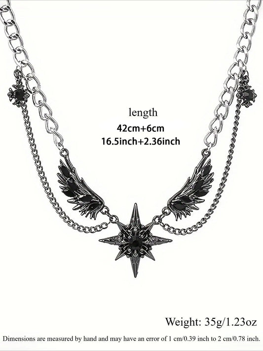 Hiphop Trendy Dark Style Starburst Wings Design Necklace, Punk Personalized Unisex Party Hiphop Necklace, Men Women Fashion Jewelry, Star Shine Necklace, Bling Chain, Alloy Necklace