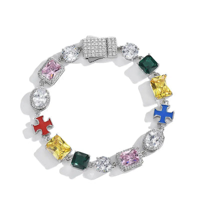 Colorful Dopamine Zircon Bracelet, Iced-Out Cross Gemstone Hip Hop Bracelet for Men and Women