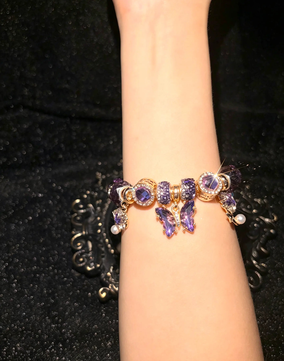 Womens Sparkly Purple Butterfly Charm Bracelet, Pearl Dangle Rhinestone Beaded Jewelry for Girls