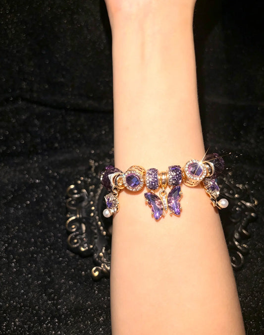 Womens Sparkly Purple Butterfly Charm Bracelet, Pearl Dangle Rhinestone Beaded Jewelry for Girls