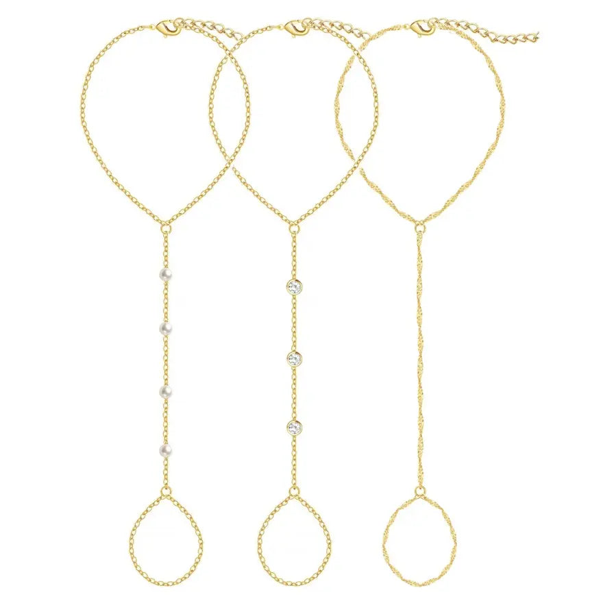 17KM 3Pcs New Dainty Stackable Ring Hand Chain, Adjustable 14K Gold-Plated Trendy Bracelets for gift summerwins, Gold Stacked Bracelets, Layered Gold Bracelets
