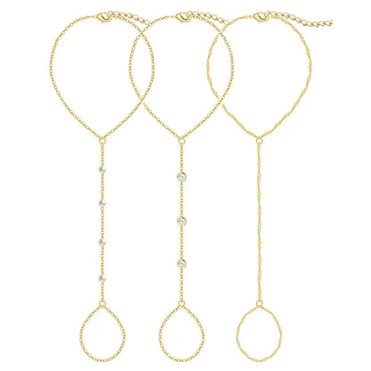 17KM 3Pcs New Dainty Stackable Ring Hand Chain, Adjustable 14K Gold-Plated Trendy Bracelets for gift summerwins, Gold Stacked Bracelets, Layered Gold Bracelets