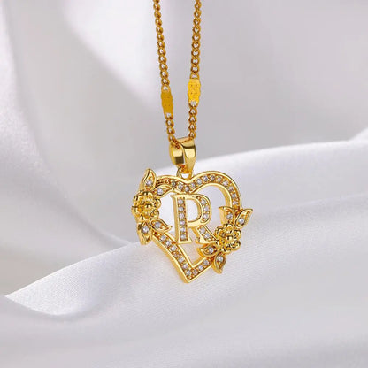 New Fashion Letter Detail Heart Shaped Pendant Necklace, Love Necklace for Women for Summer, Rhinestone & Flower Decor Stainless Steel Matching Necklace Jewelry, Girl's Temperament Cloths Accessory for Daily Wear