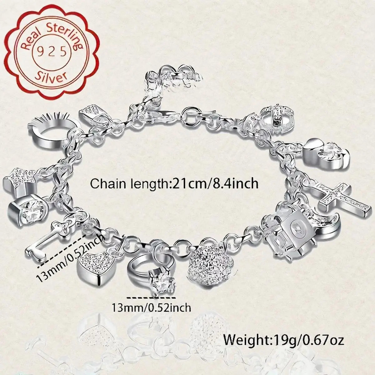 Women’s 925 Sterling Silver Bohemian charm bracelet with heart key pendant and 13 charms, sparkling statement jewelry, romantic gift for wife or girlfriend