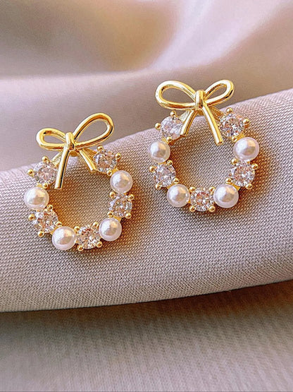 Faux Pearl & Rhinestone Decorated Bow Design Stud Earrings (1 Pair), High Quality Earrings, Elegant Cute Jewelry for Party, Daily Clothing Decor for Girl, Trendy All-match & Exquisite Jewelry for Birthday Gift, Zircon Stud Earrings