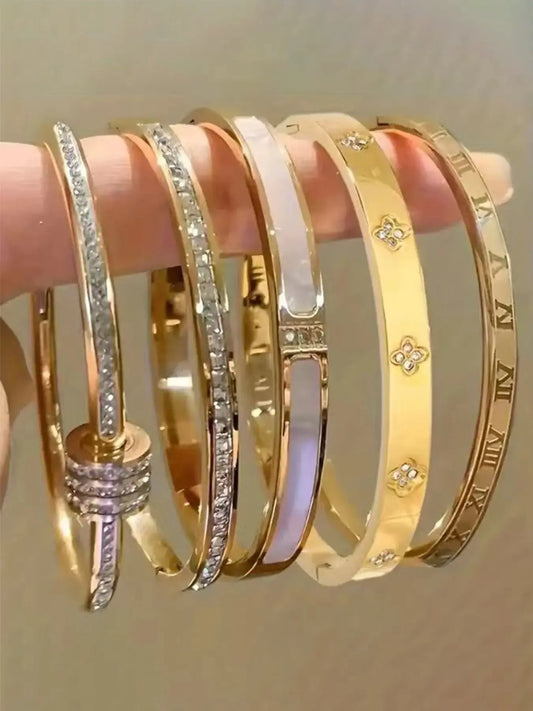 5-Piece Waterproof Titanium Steel Bracelet Set, Rhinestone Star Design, Unisex Jewelry, Stackable, Elegant, High Quality, Fashion Bracelets, Stackable Bangle Bracelets