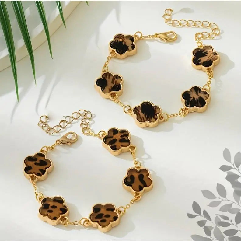 Women's Leopard Chain Bracelet Gold Link Cute Five Petal Flower Charm Resin Cheetah Print Statement Jewelry for Clubwear Gifts