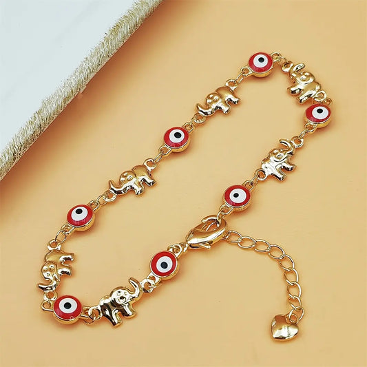 Women's Ethnic Sports Wristband - Fashion Accessories Metal Link Bracelet, Decor Bracelet with Adjustable Clasp Gold Chain, Bohemian Red-Eye Elephant Charm, Jewelry for Everyday Outfits